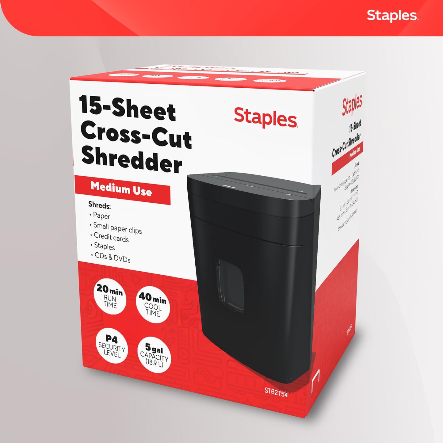 Staples 15-Sheet Cross Cut Paper Shredder for Home Office, P-4 Security, 20-Min Run Time, Shreds Paper/Credit Cards/CDs/DVDs, Quiet 65 dB, Auto Start/Stop, 5 Gallon, Black