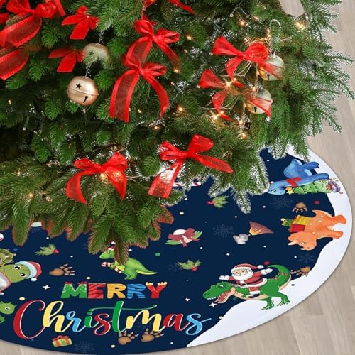 48" Christmas Tree Skirt Cute Dinosaurs Xmas Tree Skirt Santa Round Tree Mat Blue Christmas Tree Decor for Holiday Season Birthday Baby Shower Winter Xmas Party Supplies