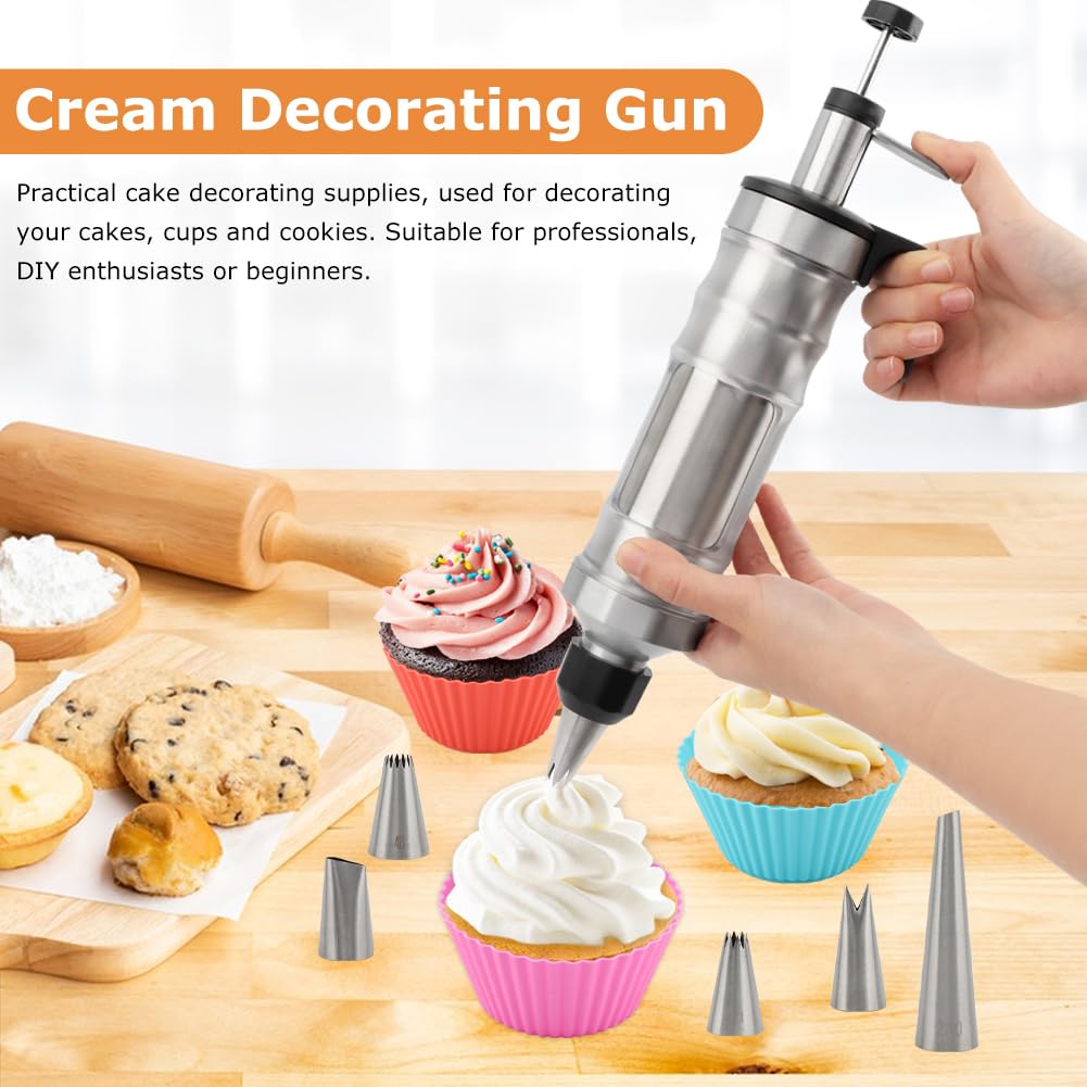 Zorivane Dessert Decorating Syringe Set, Frosting Piping Kit with 6 Piping Tips, 9 cupcakes, 2 adapter, 3 cream squeegee, Stainless Steels Cupcake Decorating Kit for Baking