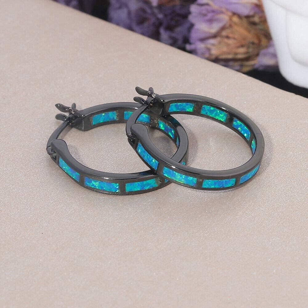 CiNily Opal Hoop Earrings for Women Black Gold Plated Small Hoop Hypoallergenic Ear Hoops Gemstone Round Hoops for Ladies