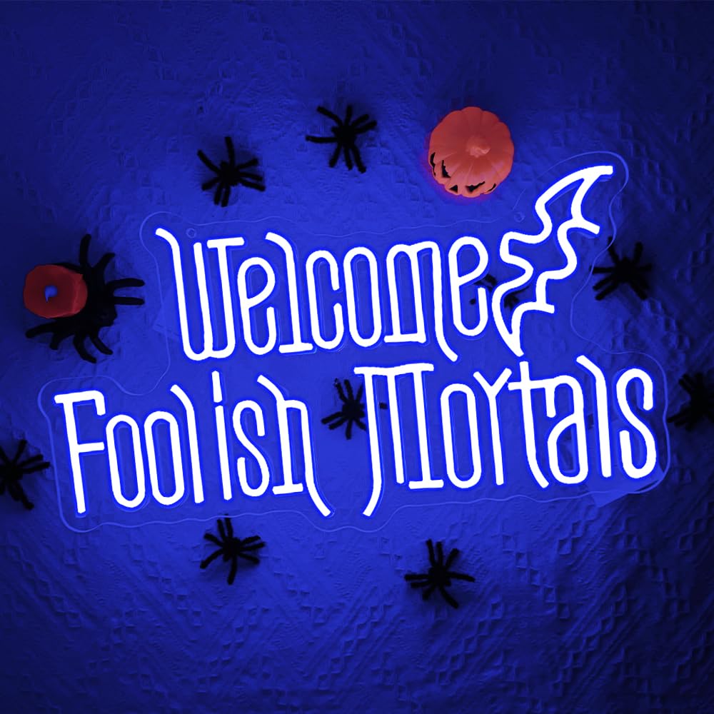 RuCvixkt Welcome Foolish Mortals Neon Sign, Halloween LED Neon Signs for Wall Decor, Spooky Gothic Haunted Mansion Decor, Coffin Led Neon Light Gift for Boy, Party, Man Cave, Haunted House(Blue)