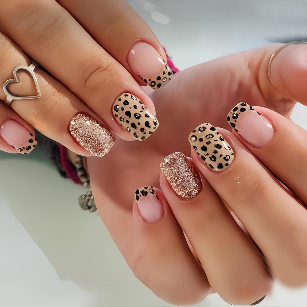 CTTHNBD Press on Nails Square - Short Fake Nails with Leopard Print Design - Glitter, French Tip False Nails Press ons - for Women 24 Pcs