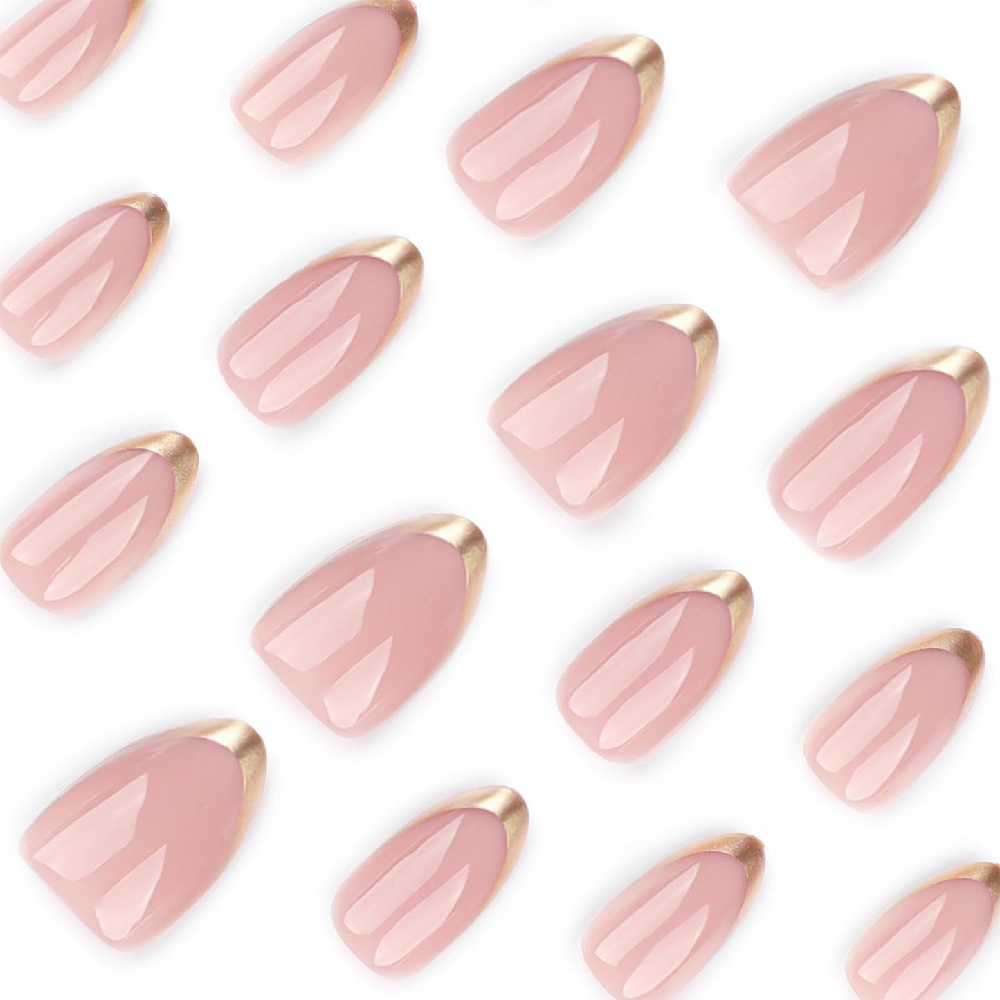 French Press on Nails Almond Fake Nails with Designs Glitter Gold Stick on Nail Cute Medium Acrylic False Nail Nude Pink Artificial Nail Press ons Glossy Full Cover Glue on Nails for Women