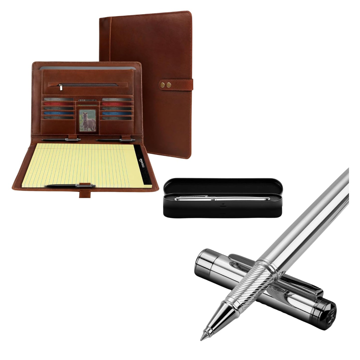 ELIZO Leather Portfolio & Rollerball Pen Bundle – Professional Padfolio Organizer with Antique Letter Strap & Chrome Silver Executive Pen, Schmidt Ink Business Writing Set