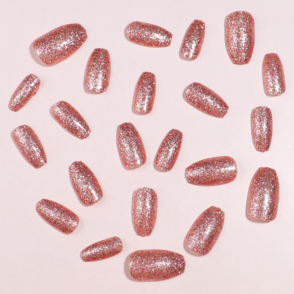 Hrnsnails Short Press On Nails Coffin Fake Nails with Pink Glitte Nail Press Ons Design, Artificial False Nails Press On Nail Kit Sparkly Stick On Nails for Women