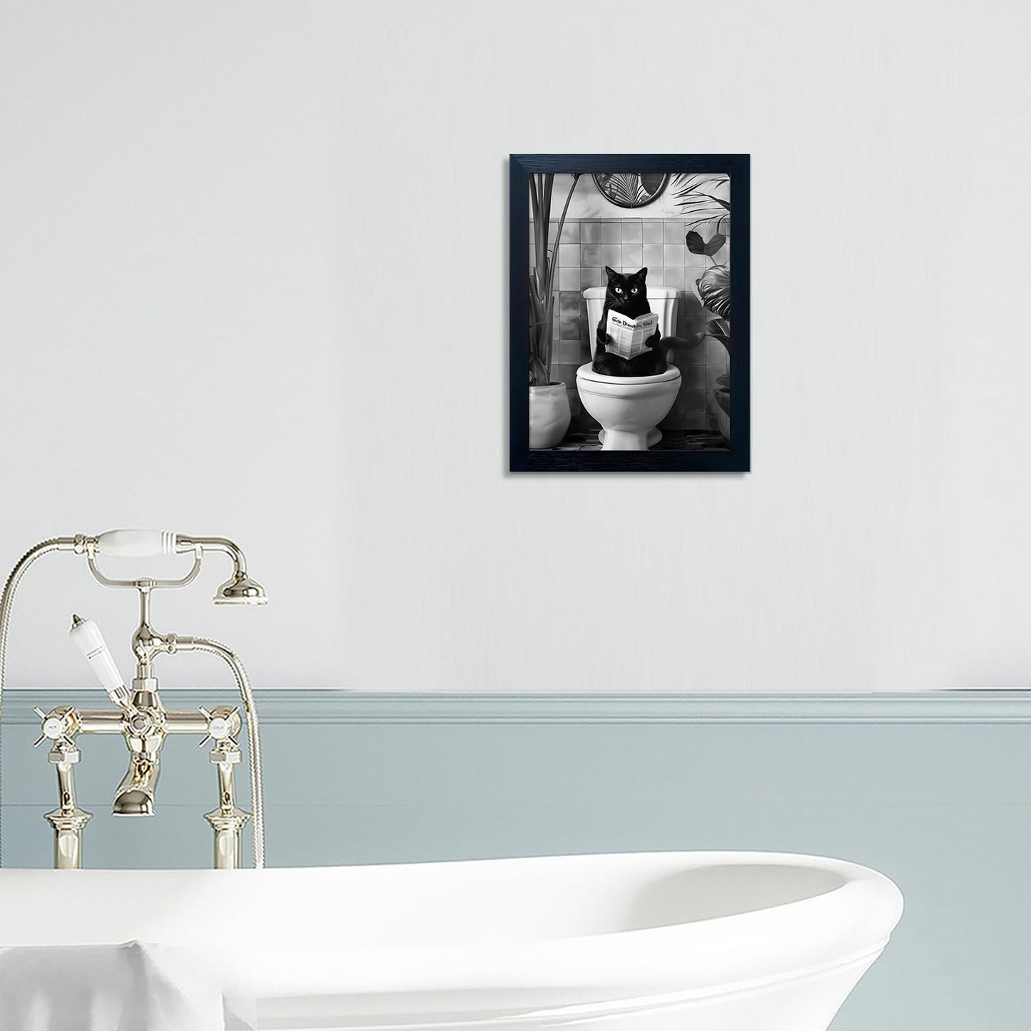 Black and White Bathroom Wall Decor Funny Black Cat Sitting on Toilet Reading Newspaper Humorous Bathroom Wall Art Small Framed Animal Canvas Print Artwork