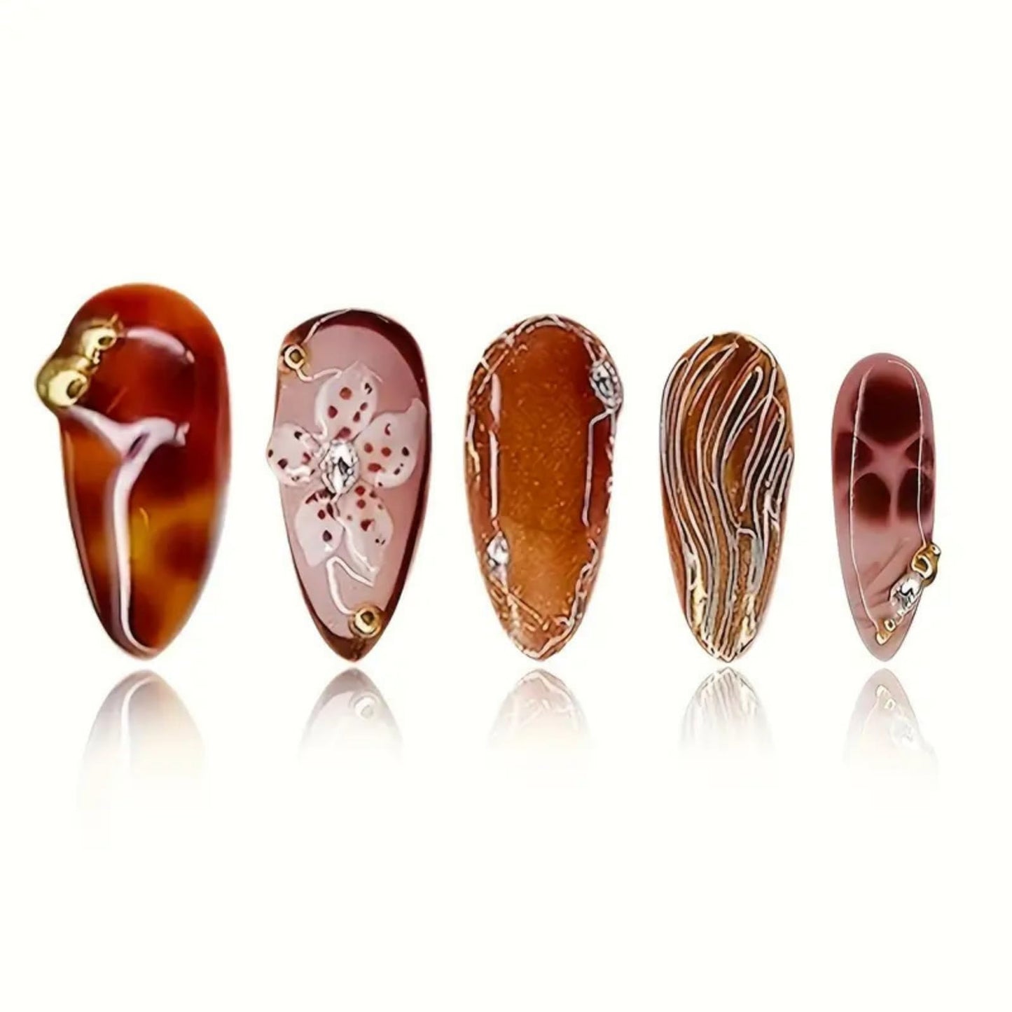 SEENEEY Medium Almond Press on Nails Brown Fake Nails Floral Artificial Nail with Gold Charm Designs Glitter Stick on Nail for Women 24pcs