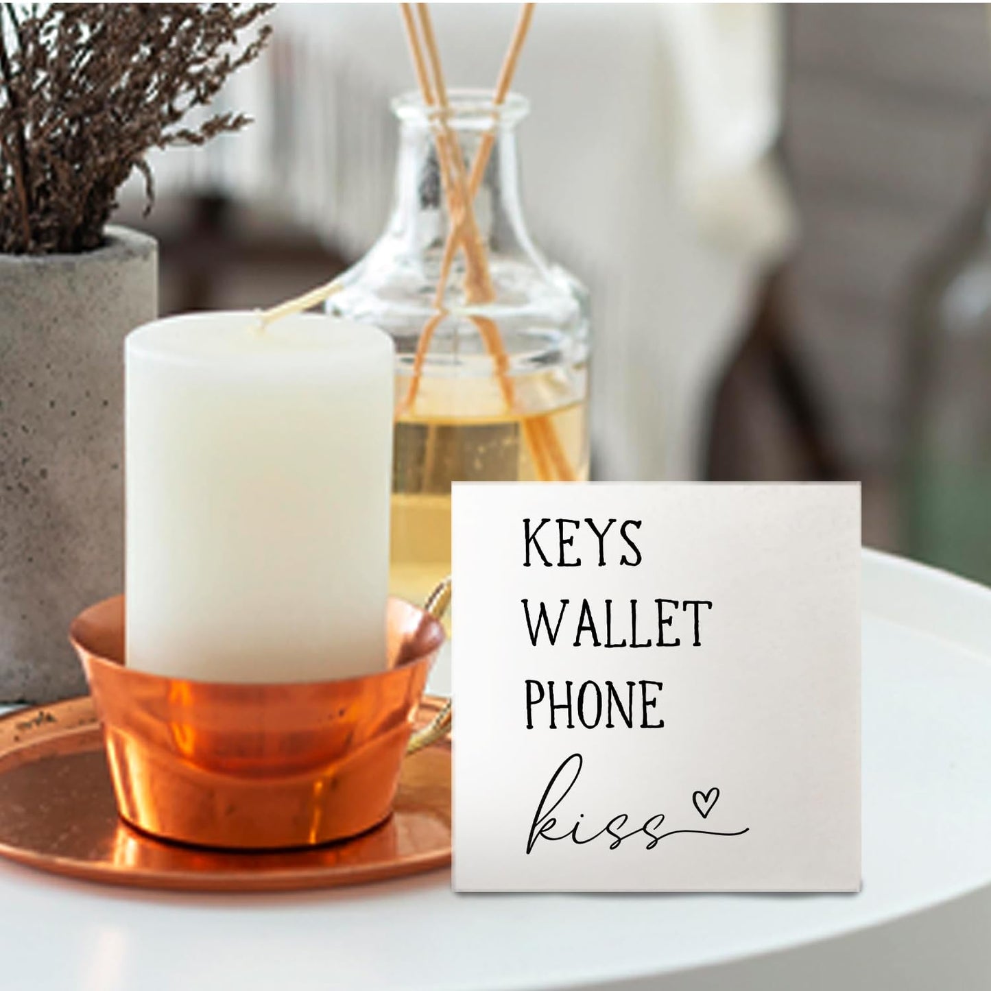 Nrleey Entryway Wooden Box Sign - Keys Wallet Phone Kiss Wood Box Sign Desk Decor, Entry Way Decor, Entry Way Table Home Decor, 5 X 5 Inches