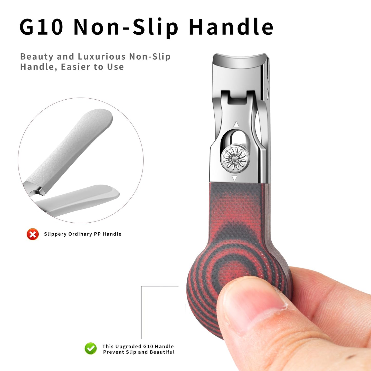 Large Opening Nail Clipper for Effortless Daily Trimming, G10 Handle Toenail Clipper Cutter for Seniors, Stainless Steel Nail Clipper for Thick Nail (Round Red A)