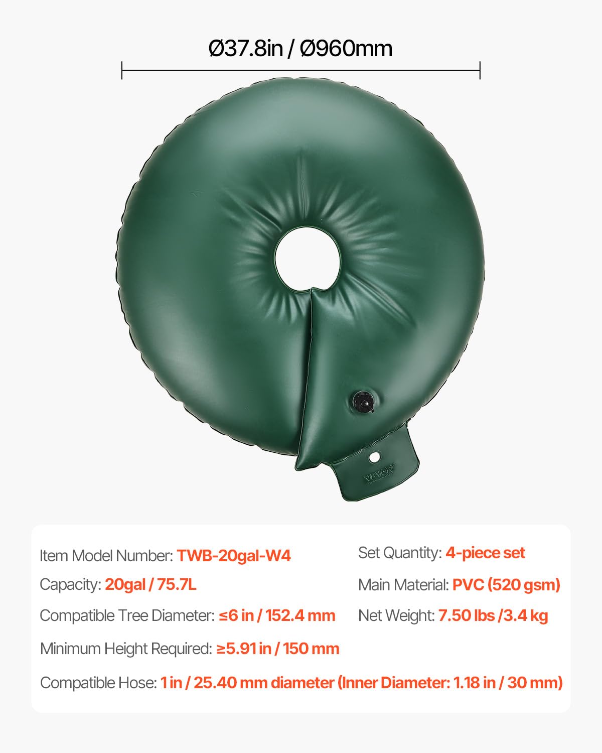VEVOR Tree Watering Bag Slow Release, 4 Pack 20 Gallons Tree Watering Bags/Ring, Reusable Refillable Tree Irrigation Ring Water Bags, Heavy Duty Watering System for Shrub Tree Root Drip Irrigation