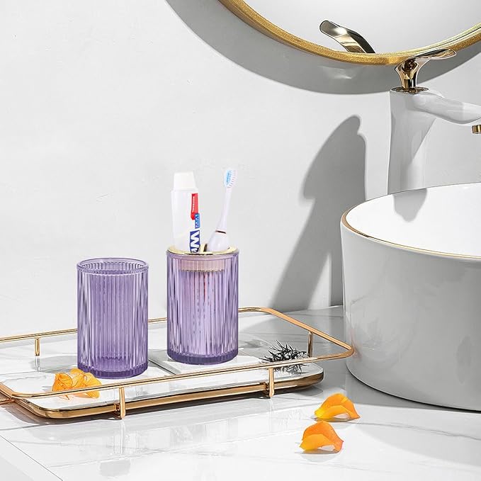 Toothbrush Holders for Bathrooms, Purple Glass Toothbrush Holder and Bathroom Tumbler Cup, 12oz Gold Bathroom Storage Cups, Tooth Brush Cup Holder Organizer for Toothpaste, Brushes, Razor