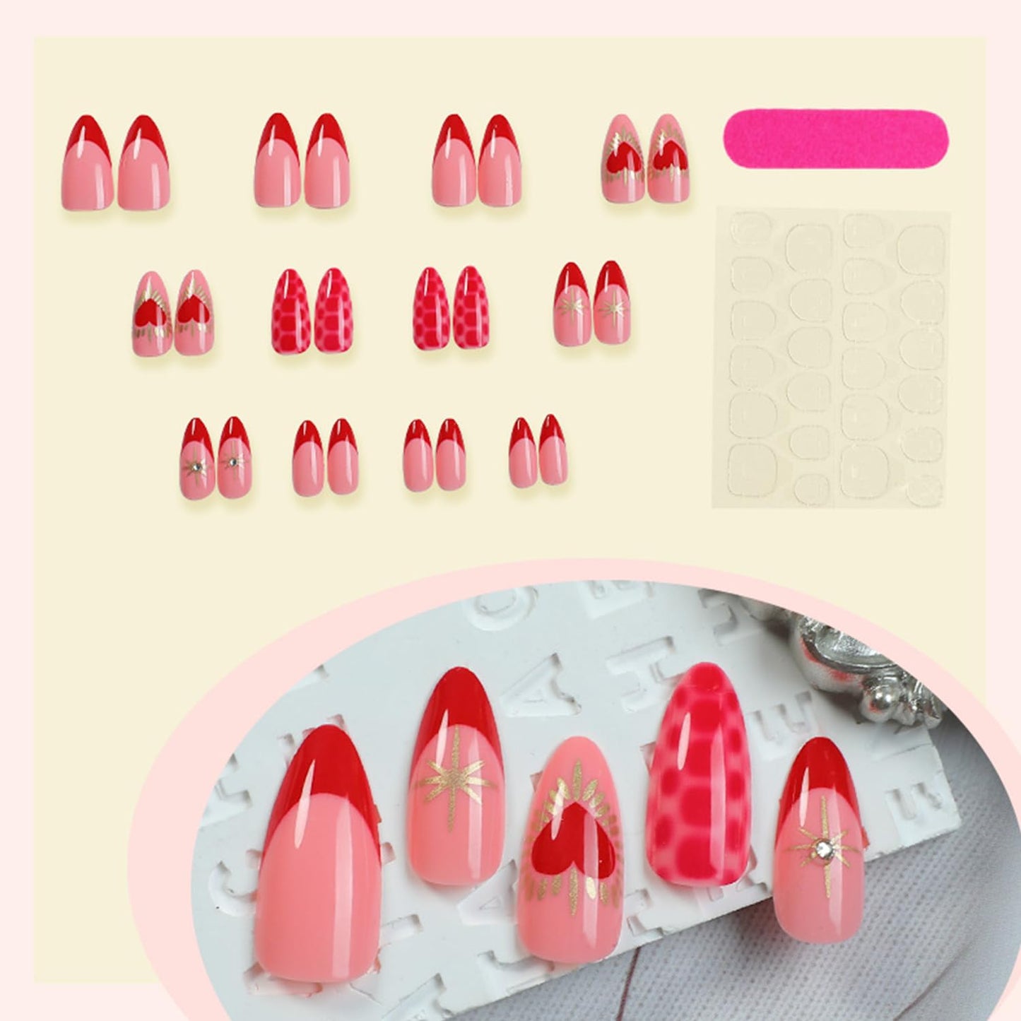French Red Valentines Press on Nails Medium Almond Artificial Acrylic Fingernails Leopard Print with Red Love Metal Lines Full Cover Glossy Glue on Nails Press Ons Nail for Women Festival Manicure