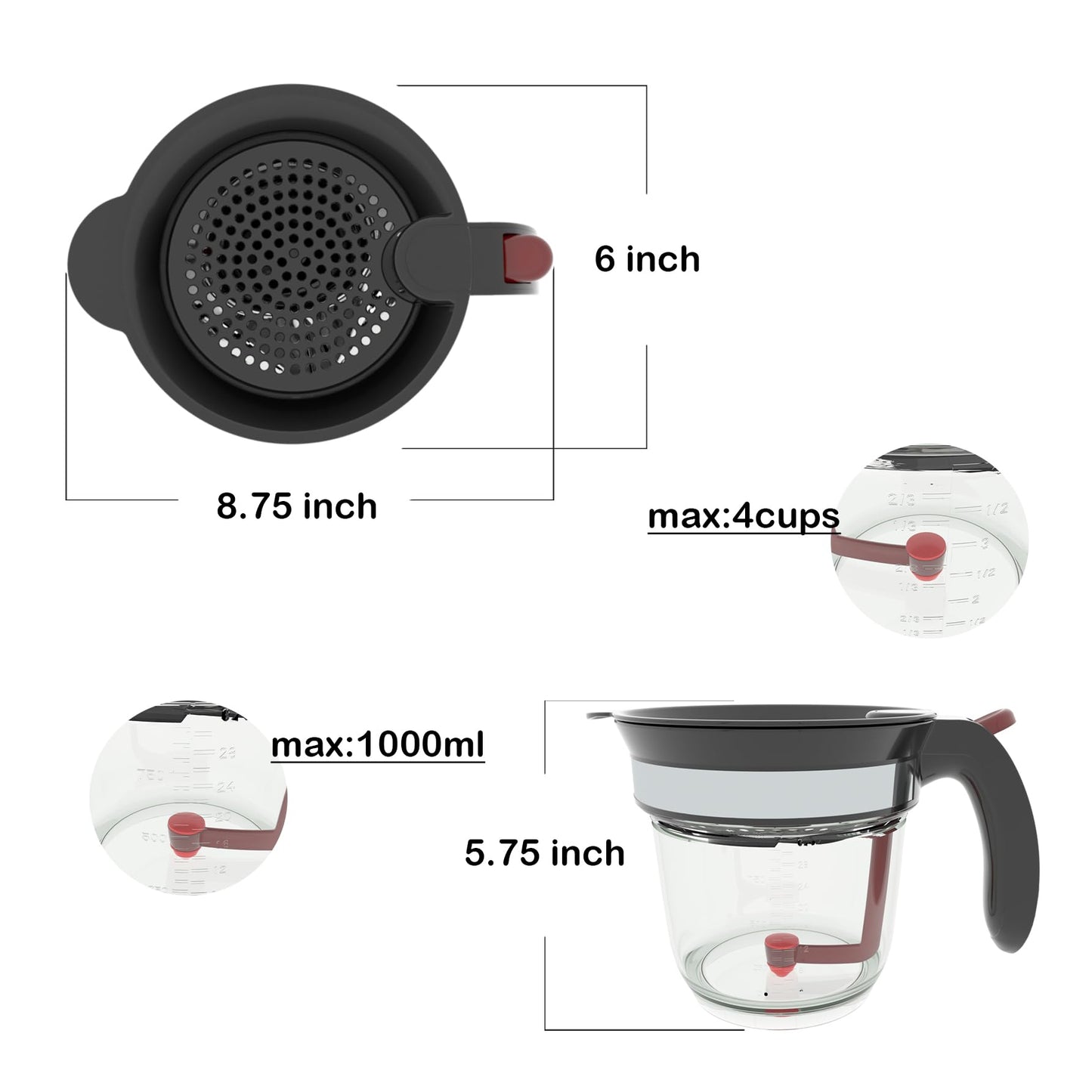 Fat Separator with Bottom Release, Gravy Separator with Oil Strainer for Cooking, Kitchen Gadgets-4 Cup Grease Separator with Sifter, Packaged with a 3-in-1 Multifunctional Peeler for potato (Red)