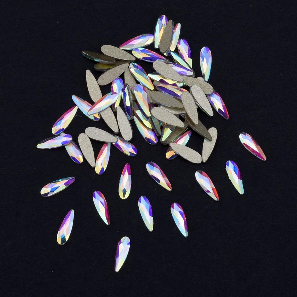 Tisslan 100pcs Mix 3 Sizes Glass Crystal AB Raindrop Shape Flat Back 3D Nail Rhinestones Jewels Decoration Accessories Supplies