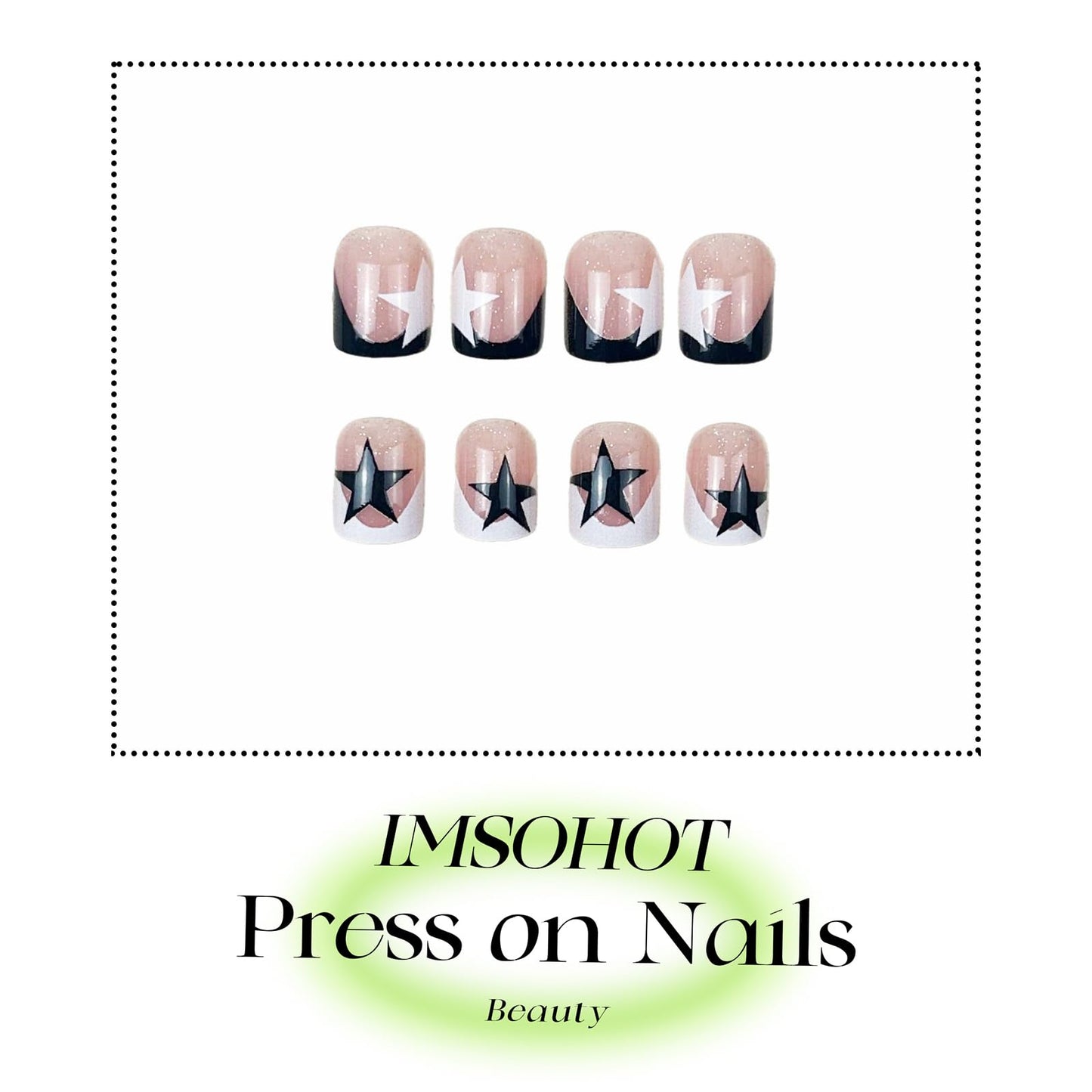 IMSOHOT Press on Nails Short Square Fake Nails Black White French Tips False Nails with Cute Star Designs Full Cover Glitter Artificial Glue on Nails for Women DIY Nail Art
