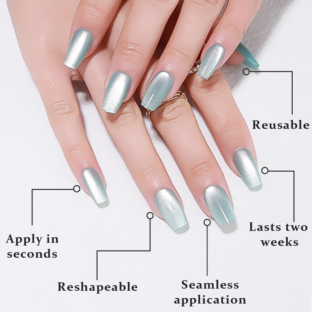 evpct Cat Eye Coffin Press on Nails Medium Square No Glue, Stick on Nails Medium Square for Women, Teal Light Blue Green Metallic Glitter Glossy Reusable Stick Acrylic Fake Press on Nail with Designs