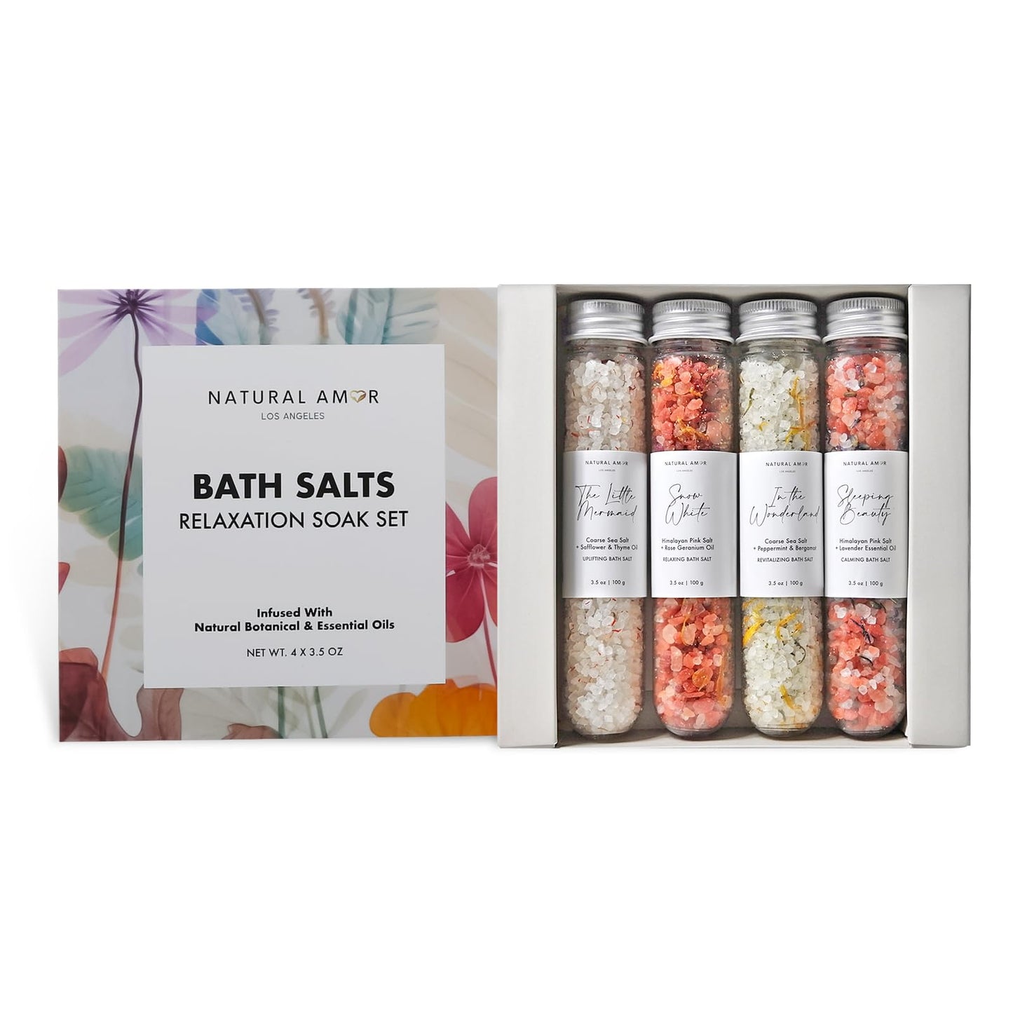 Natural Bath Salt Gift Set – 4-Pack Relaxing Soaks with Himalayan Pink Salt, Sea Salt, Essential Oils, Jojoba Oil & Dried Flowers – Spa Gift for Women & Self Care