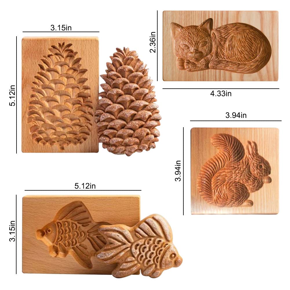 4 Pieces Wooden Cookie Molds Biscuit Carved Wooden Mould DIY Cookie Stamps Cookie Cutter Funny 3D Press Embossing Mold Animal Pattern Baking Tool
