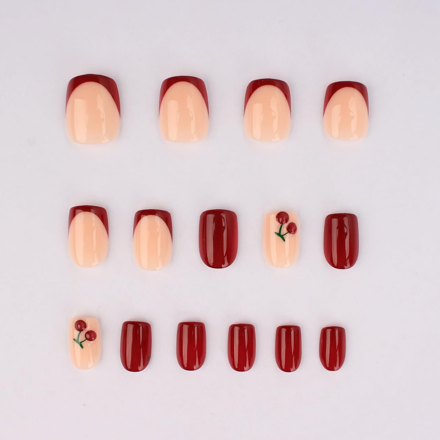 Mivota Cherry Press On Nails Short Square Shape Glossy French Tip Fake Nails with 3D Cherry Design, 30PCS Reusable Acrylic Stick On Nails, Cute Red & Pink False Nails for Women