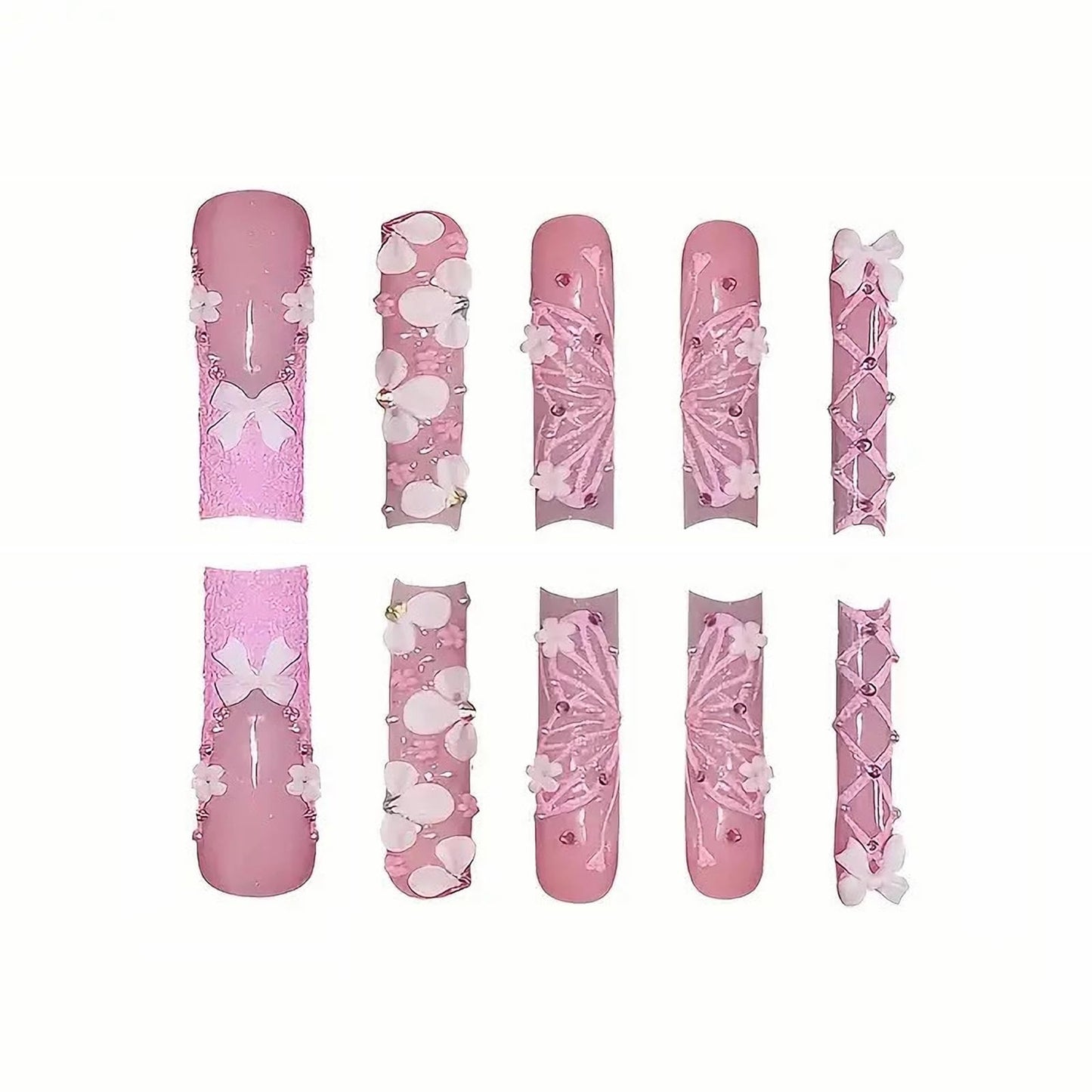 MISUD Press on Nails - Long Square Fake Nails with Pink French Tip, Acrylic Flower Butterfly Design 24 pcs