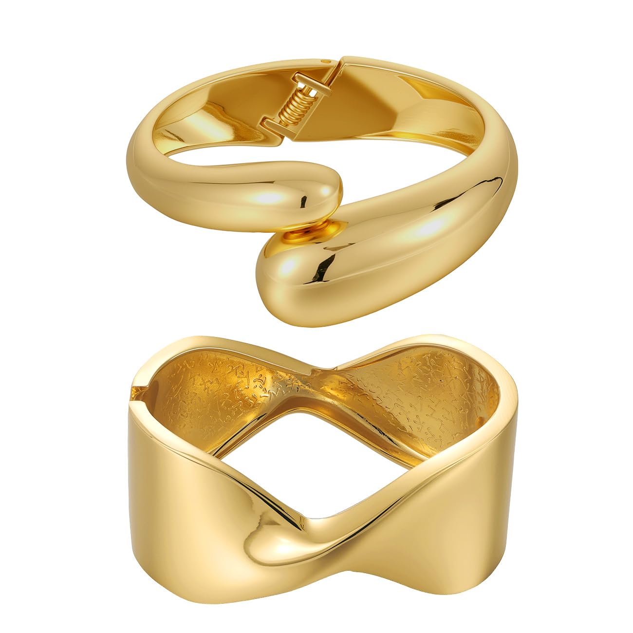 Emibele Gold Bangle Cuff Bracelet Stack, Chunky 18K Gold Plated Teardrop Hinged Thick Bangle Bracelet Set, Non Tarnish Bracelets for Women, 2 Pack, Gold