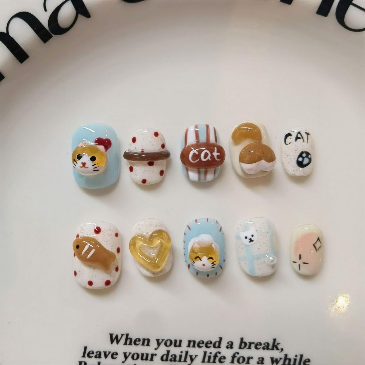 Cute Handmade Extra Short Press on Nails Square 3D Unique Reusable ABS Material Luxury Fake Nails Cat False Nails with Designs Fish Heart Art Glossy Glue on Nails Thick Acrylic Nails(S)