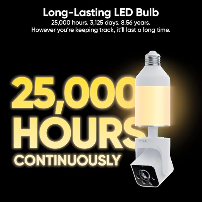 WYZE Bulb Cam Security Camera, 2K HD Outdoor Light Bulb Camera, Color Night Vision, Dimmable LED Bulb, Motion Detection, Siren Alarm, Works w/Alexa/Google Assistant. Free Expert Support
