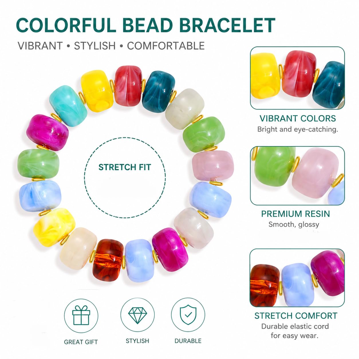 chorfla Colorful Beaded Bracelets for Women, Boho Rainbow Chunky Resin Elastic Stretch Bracelet, Vibrant Summer Beach Jewelry Gift