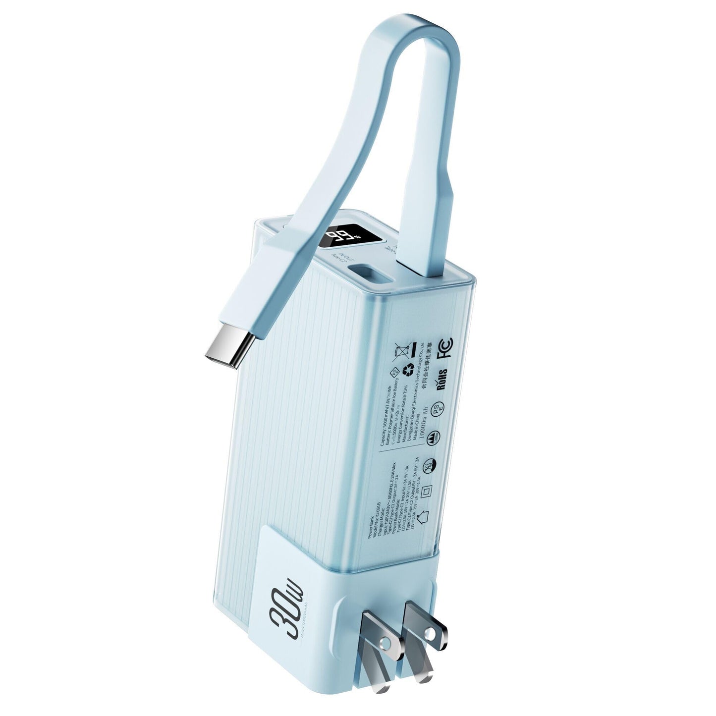 Miady Portable Charger Built-in Foldable Wall Plug, PD 30W 10000mAh Compact Power Bank has USB-C Cable&LED Display, Travel Essential Battery Pack Compatible with iPhone Galaxy SmartPhones (Cream Blue)
