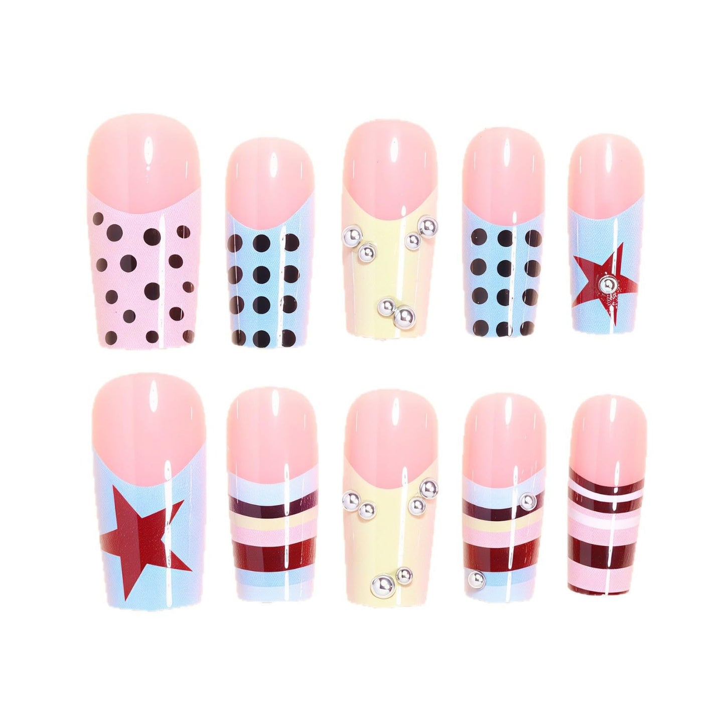 CTTHNBD Square Press on Nails Long - French Tip Fake Nails with Polka Dot Star Design - Summer False Nails Press ons - for Women 24 Pcs