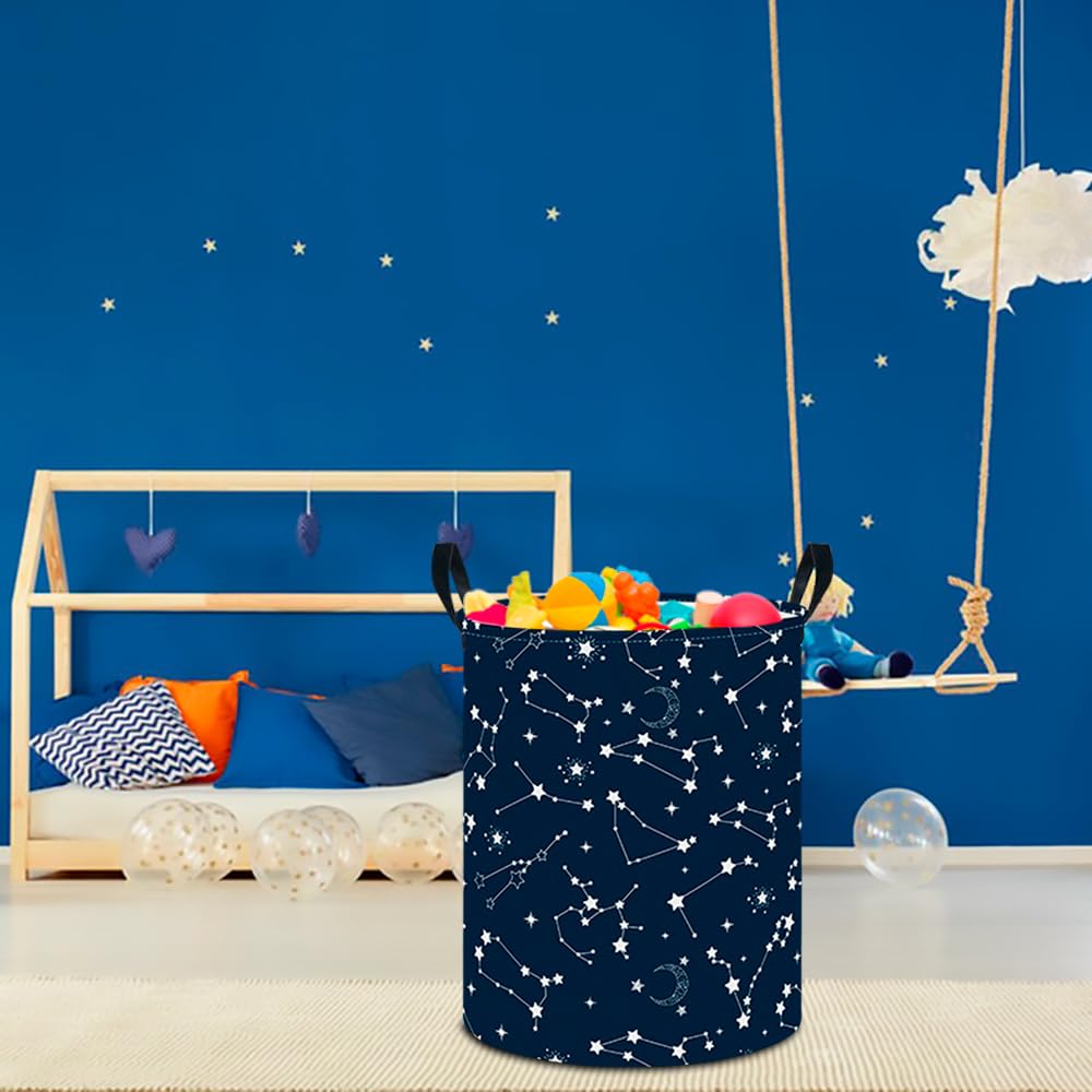 CLOCOR Large Blue Round Laundry Hamper,Kids Toy Storage Basket,Baby Dirty Clothes Nursery Hamper for Boys and Girls,Bedroom,Bathroom,Gift Basket(Starry Sky)