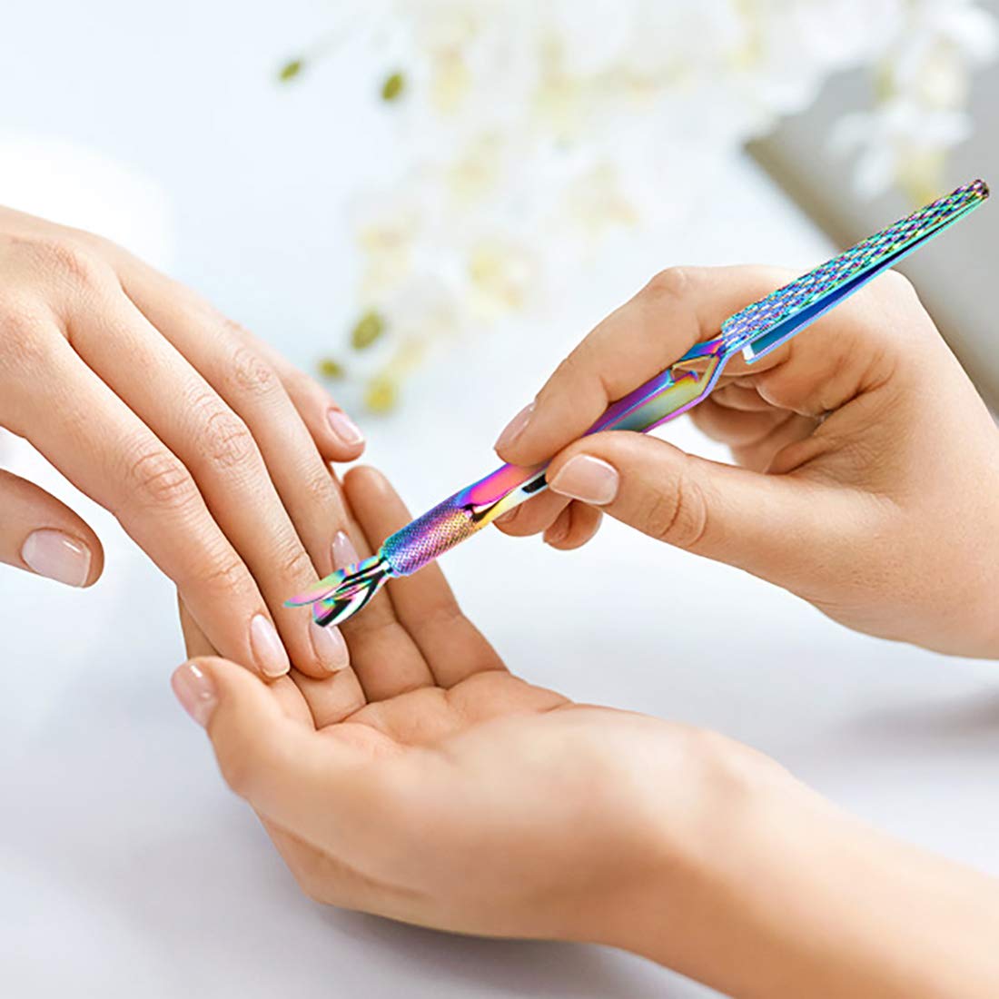SILPECWEE 2Pcs Nail Pinching Tool C Curve Nail Extension Clips Rainbow Metal Cuticle Pusher Nail Scraper Gel Nail Polish Remover False Nails Shaping Tweezers Multi-Function Manicure Tools