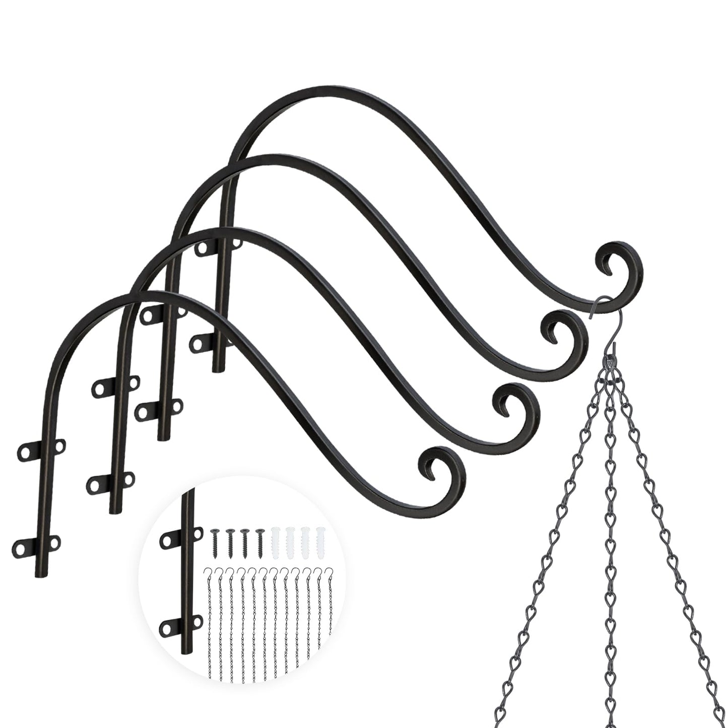 Plant Hangers Outdoor, 4 Pack 12 Inch Plant Hooks with 12 Chains for Wall Metal Plants Hanging Bracket for Bird Feeder, Flower Baskets, Wind Chimes, Lanterns, Indoor Outdoor, Black