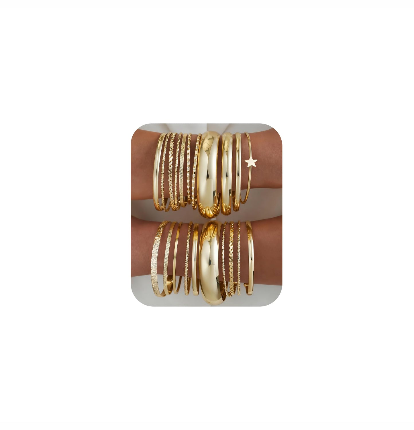 ÌF ME Gold Bangle Bracelets for Women, 19Pcs Multi Stackable Textured Bangles Set, Statement 14K Gold Plated Chunky Star Bracelet Stack Boho Jewelry Gifts