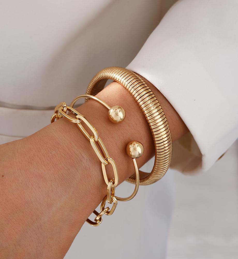 Chunky Gold Bangle Bracelets for Women, Dainty 14k Gold Plated Stackable Chain Bracelet Set, Trendy Statement Cuff Ball Bangles Stack Jewelry