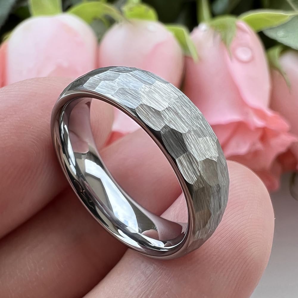 TUTISS 6mm Hammered Tungsten Rings for Men Women Fashion Engagement Wedding Bands Domed Matte Finish Comfort Fit Size 5