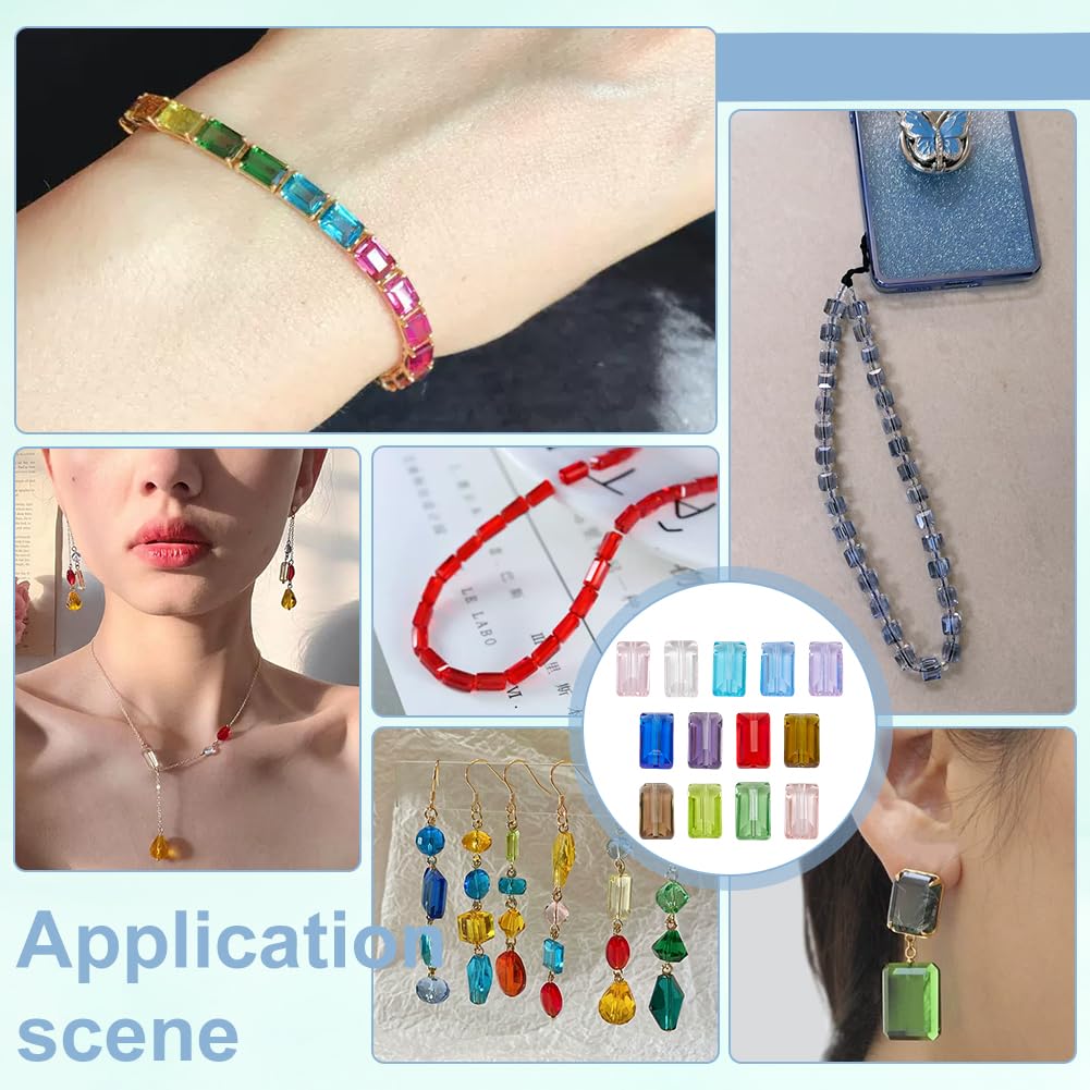 PH PandaHall 52pcs 13 Colors Faceted Glass Beads - Flat Rectangle Crystal Spacer Beads for DIY Jewelry Making, 14x8 mm