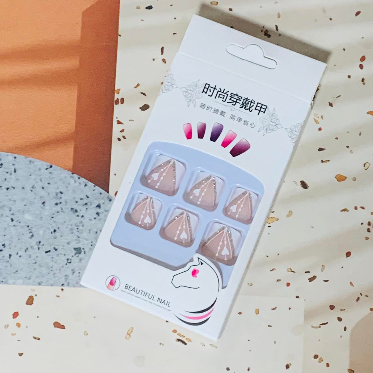 Vezocim Press on Nails with French Tips and Heart Designs, 24Pcs Artificial Nude Fake Nails for Toe, Glossy Full Cover Square Acrylic False Toenails, Press ons Toenails with Charm for Women