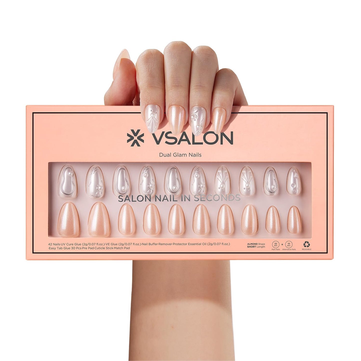 VSALON Press-On Nails Short Almond - Pearl White 3D Metallic Fake Nails for Women, 32 Main Nails in 16 Sizes &10 Champagne Alternative Nails - 42 PCS Reusable Glue on Nails Set with Tool Kit