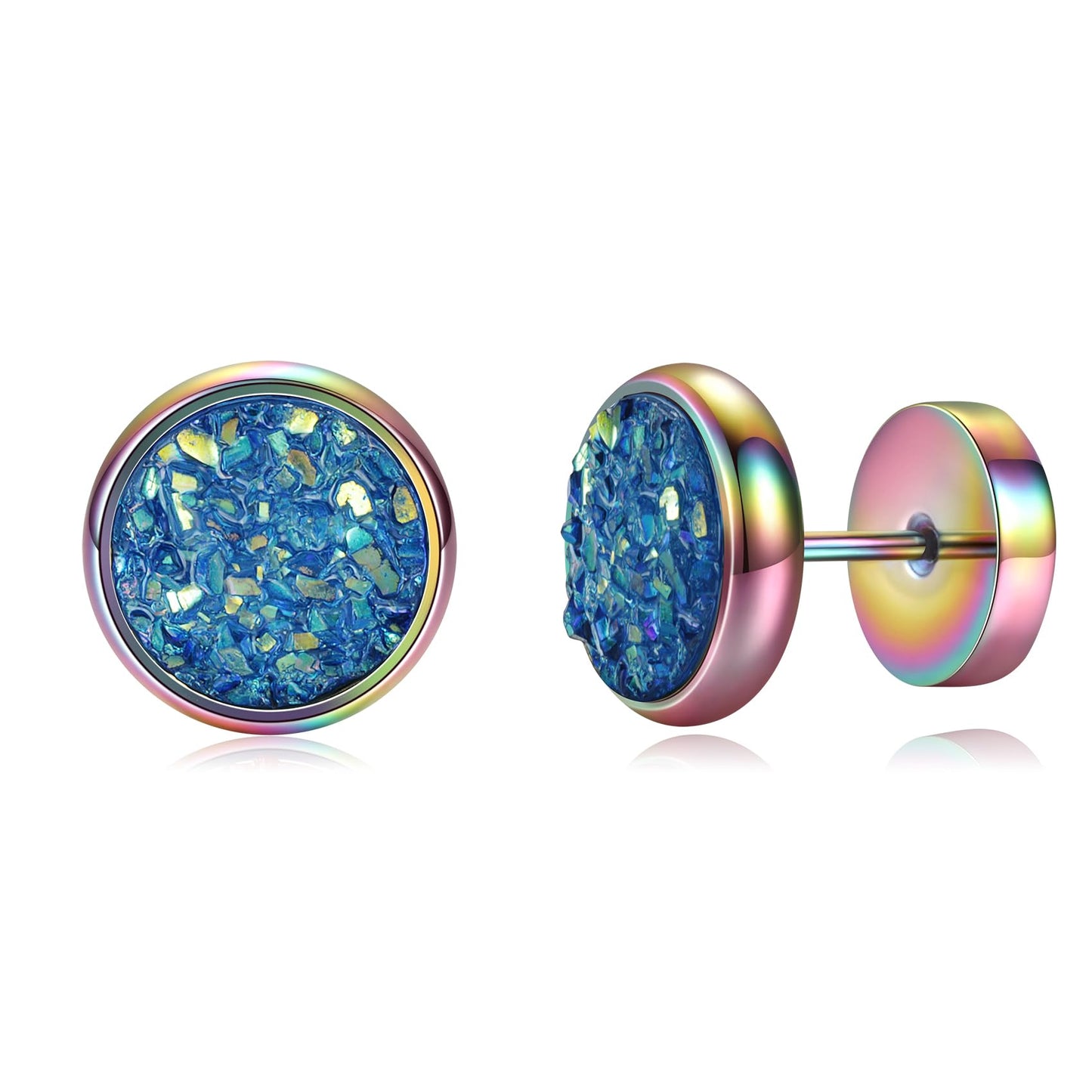 VOLUKA Crystal Stone Stud Earrings Flat Back Titanium Stainless Steel Hypoallergenic Cartilage Earrings Stud for Sensitive Ears Women Men(Blue-Rainbow)