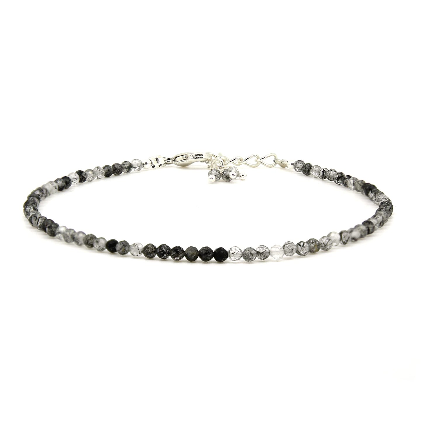 Gempires Handmade Black Rutilated Quartz Gemstone Beaded Bracelet for Women | 2.4–2.5 mm Faceted Natural Stone | Adjustable 7+1 Inch Silver Plated Chain | Dainty Minimalist Stacking Jewelry | Unique Crystal Gift