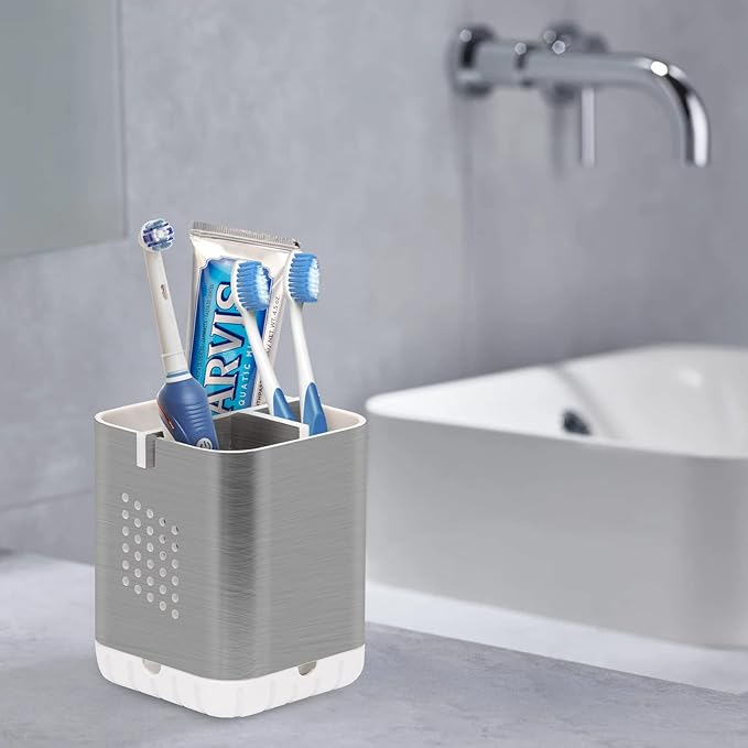 Boperzi Toothbrush Holder Toothpaste Organizer Drainage for Bathroom Vanity, Detachable Anti-Slip Brushed Nickel Toothpaste Storage Caddy 3 Slots with Drainage Holes for Makeup Brush Razor Stand