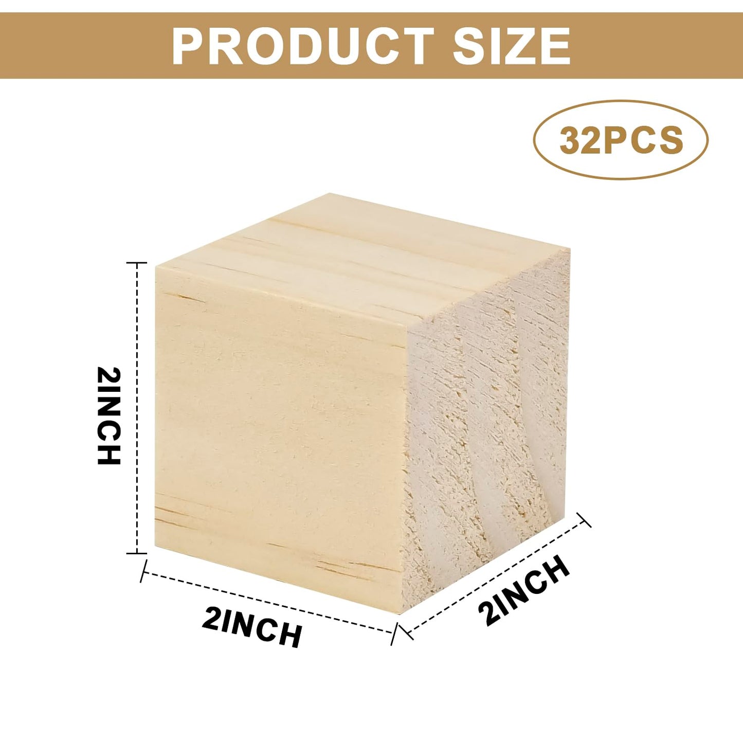 2 Inch Wood Blocks for Crafting, Carving, DIY Projects 32 Pack Natural Unfinished Solid Wood Cubes for Art Painting & Woodworking