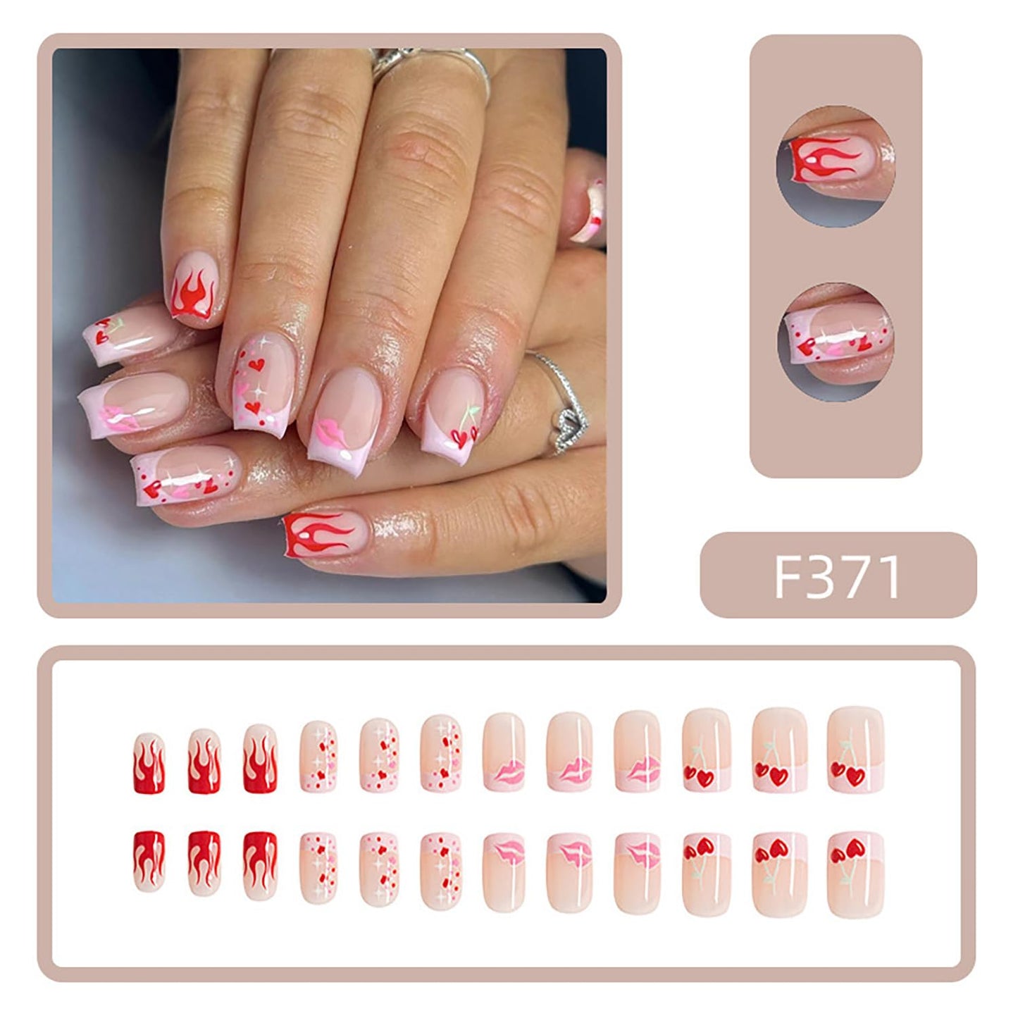 Press On Glossy Full Cover Acrylic Short Length Square French False Nails with Heart Lips Flame Designs Artificial Square Shaped Fake Nails Glue Ons for Women Girls