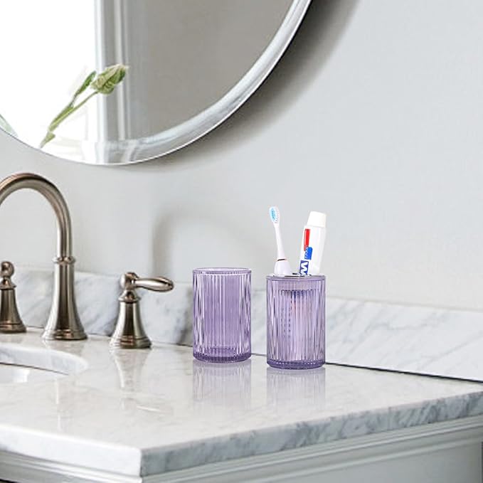 Purple Toothbrush Holders for Bathrooms, 2pcs Glass Toothbrush Holder and 12oz Bathroom Tumbler Cup Set, Silver Tooth Brush and Toothpaste Organizer for Bathroom Vanity Countertop
