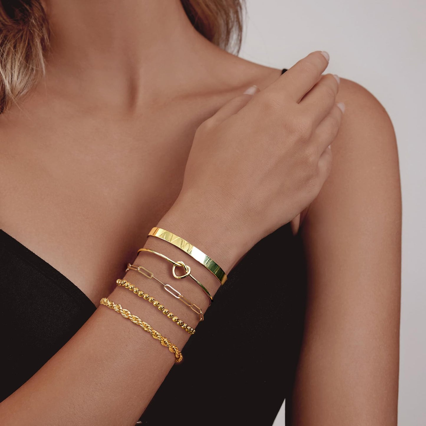HERIER Gold Bangle Bracelets Stack for Women 14K Gold Plated Cuff Beaded Bracelet for Women Stackable Rope Paperclip Chain Bracelet Jewelry Set Trendy
