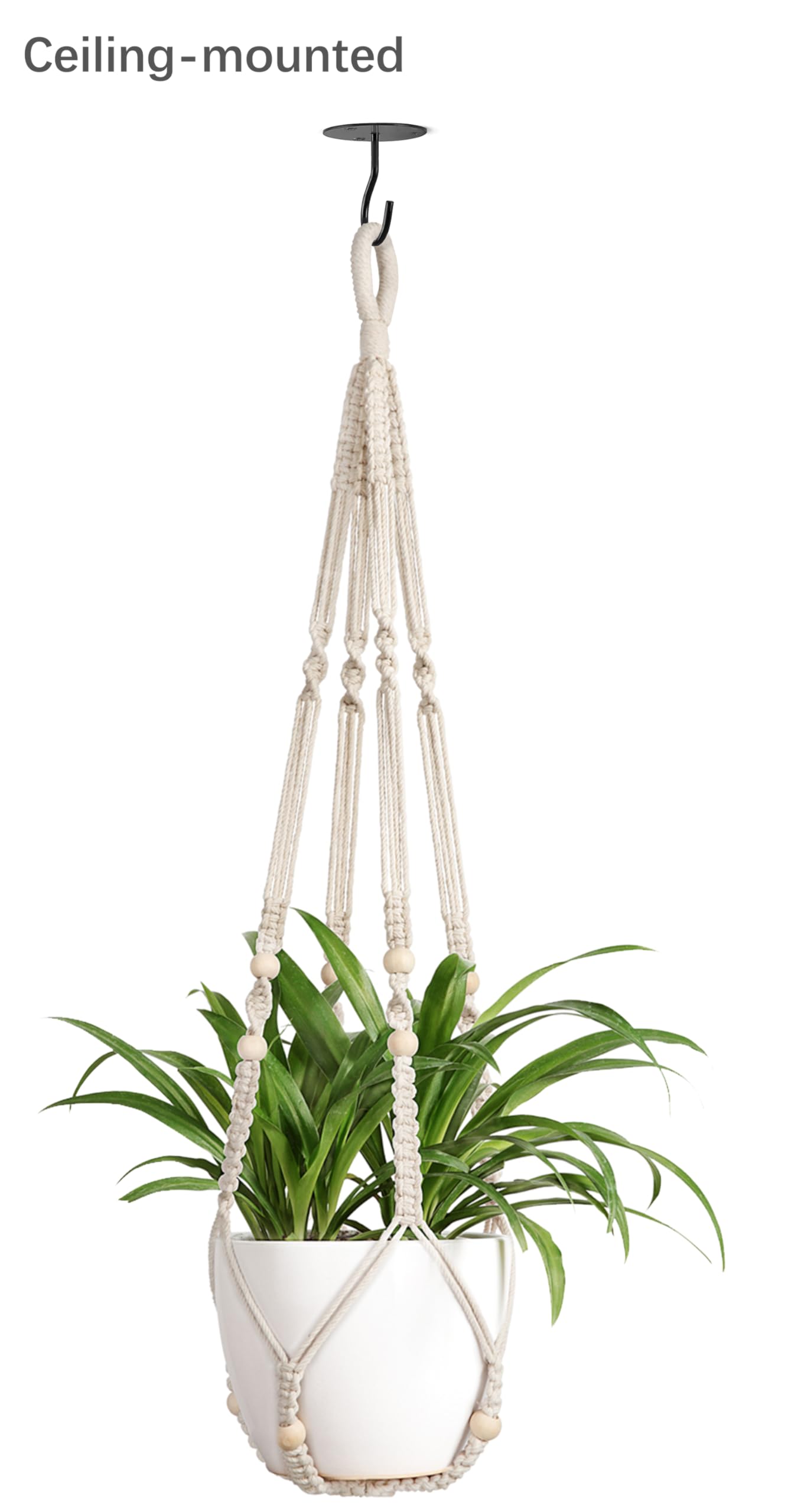 Mkono 3 Pack Macrame Plant Hangers and Ceiling Hooks, Different Size Hanging Planter Basket Flower Pot Holder with Beads，Medium, Ivory