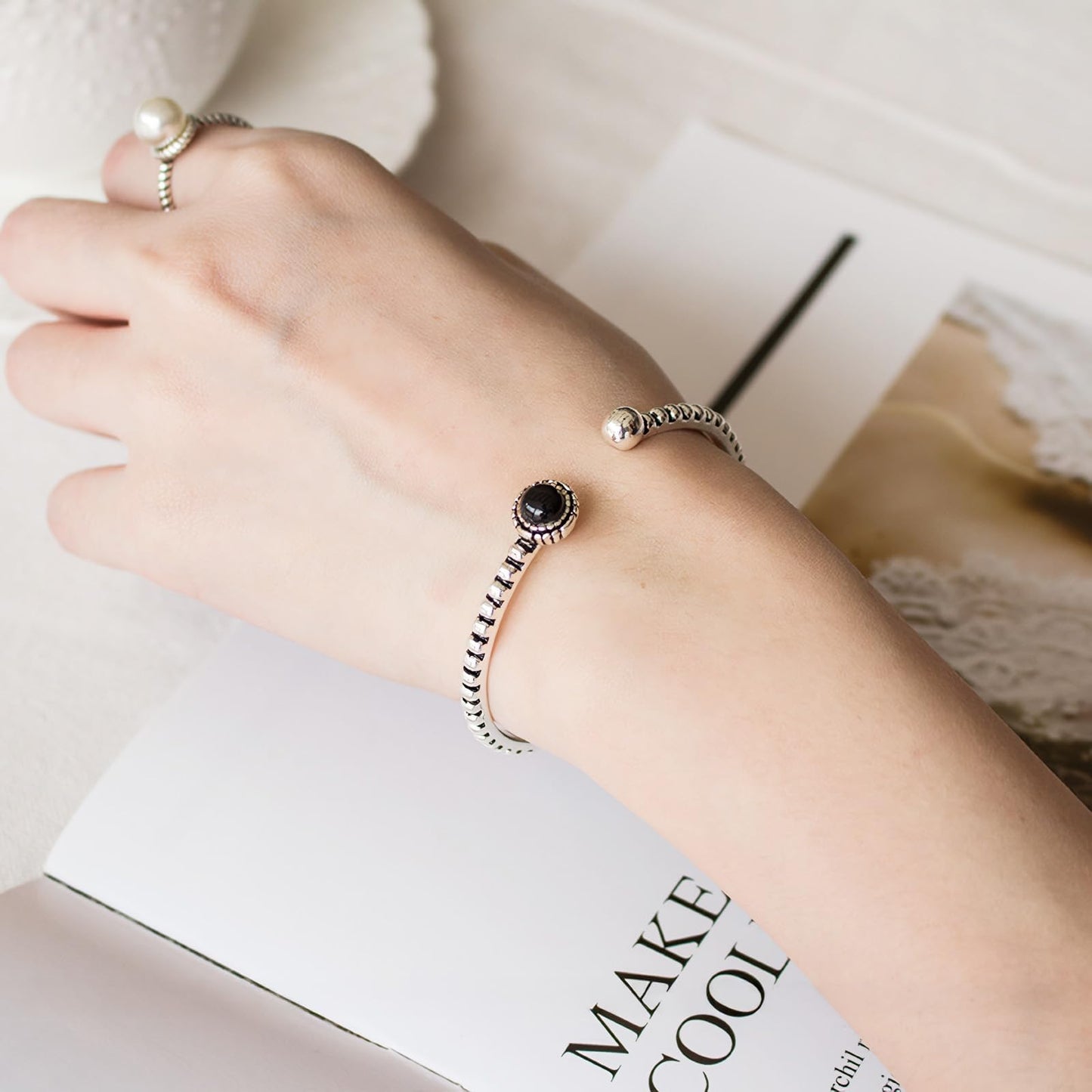 Handmade 925 Sterling Silver Bangle Bracelets For Women Natural Obsidian Bangle Bracelets Open Adjustable Cuff Bangles For Women Nature Stone Bangles Vintage Statement Cuff Bangles Jewelry Gifts