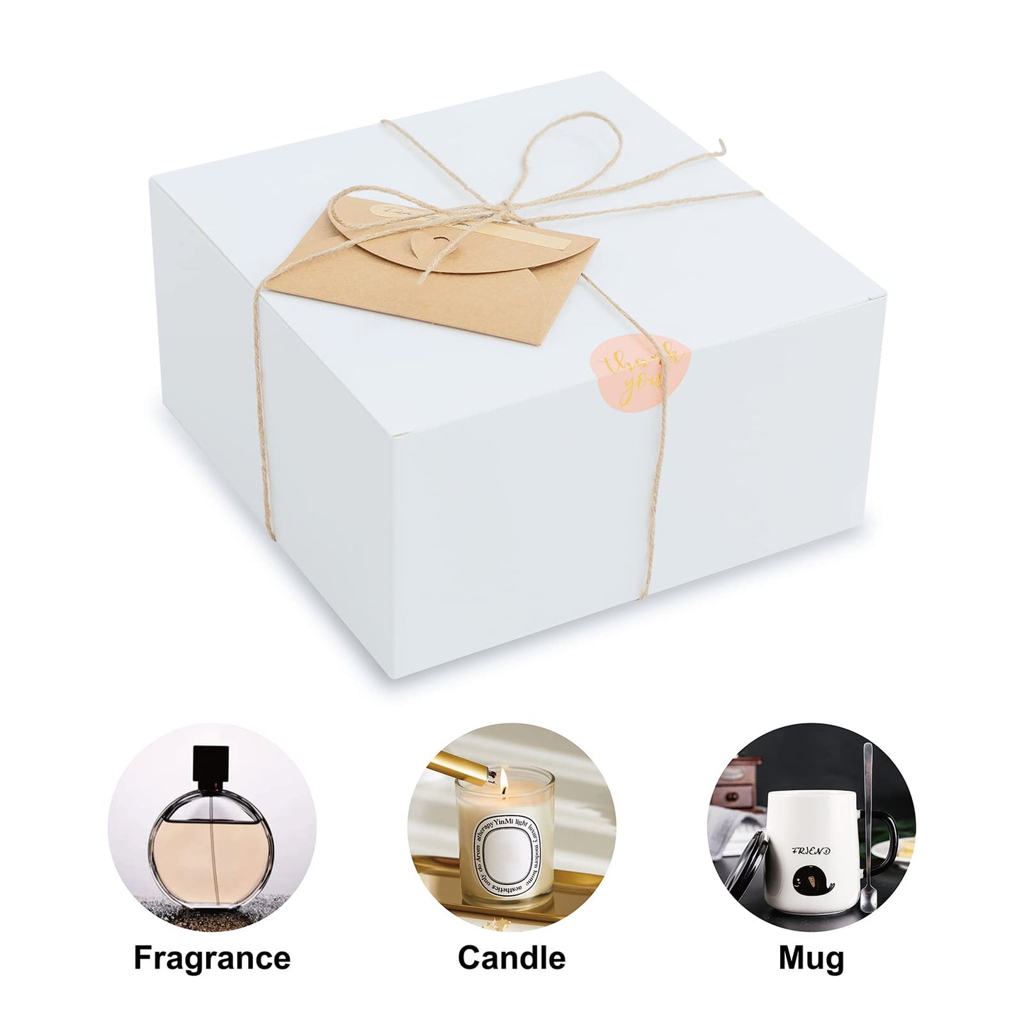 YUEFANBOX 12 Pack White Gift Boxes, 8x8x4in, with Lids, 80ft Twine, Stickers & Tape, Easy Assemble for Bridesmaid Proposal, Wedding, Party Favors