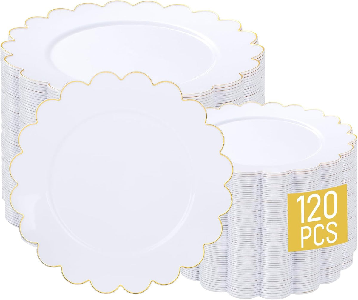 LIYH 120 Pcs White Plastic Plates Wedding Plates Disposable Heavy Duty Scalloped Plastic Plate Includes: 60 Dinner 10.25" & 60 Dessert Plate 7.5" Elegant Gold Rim Suitable for Bridal Shower Party